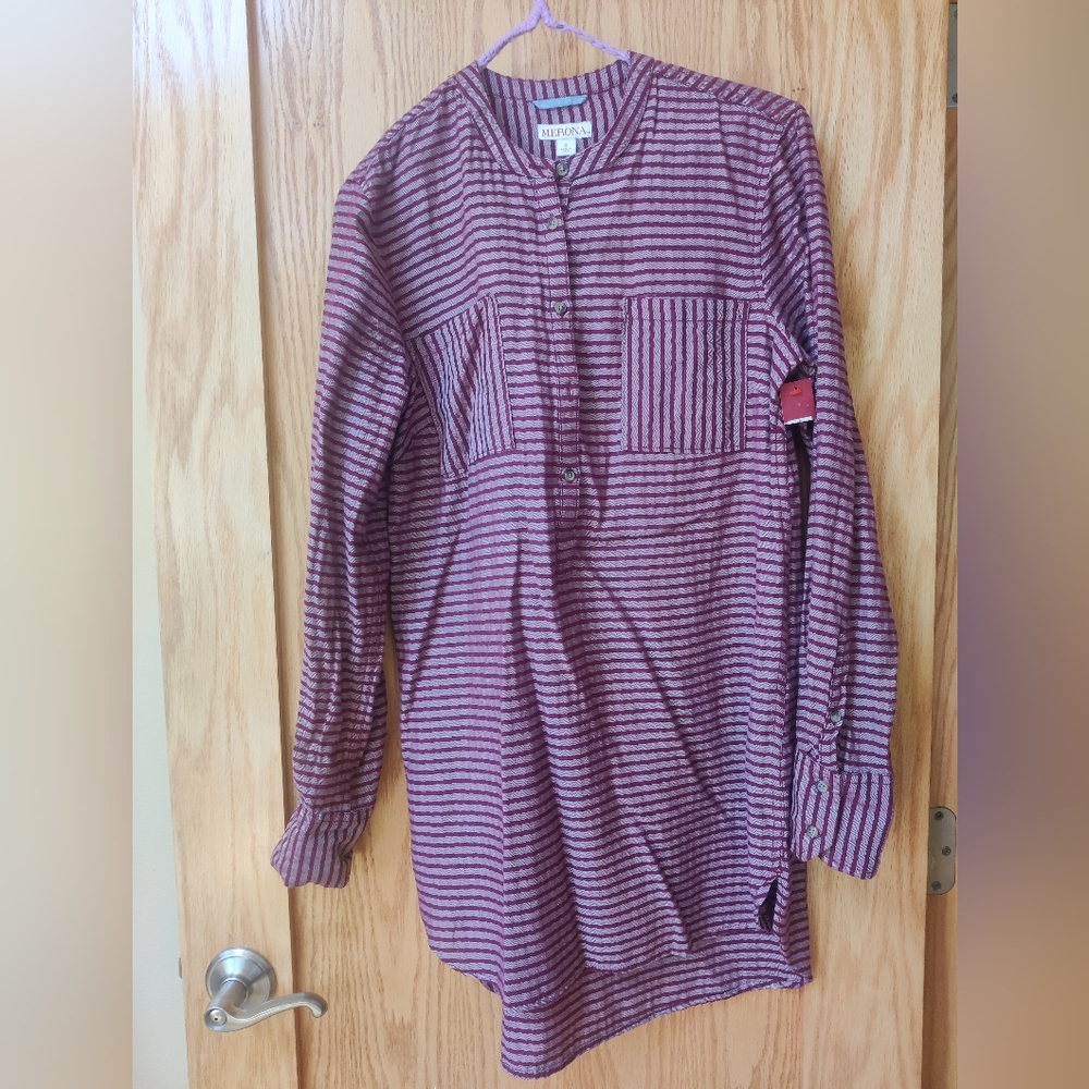 NWT Merona Maroon and White Striped Long Sleeve Tunic Dress